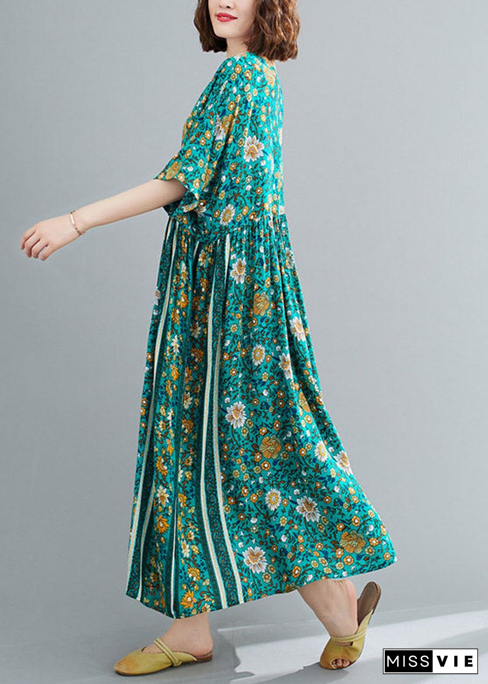 Loose Green O-Neck Print Wrinkled Long Dresses Short Sleeve