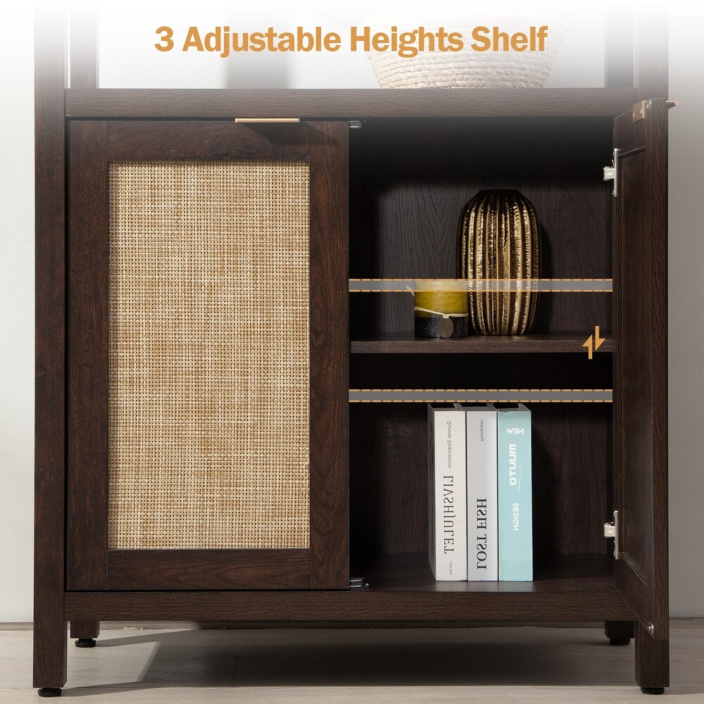 SICOTAS 5 Tier Adjustable Bookshelf with Rattan Storage Cabinet