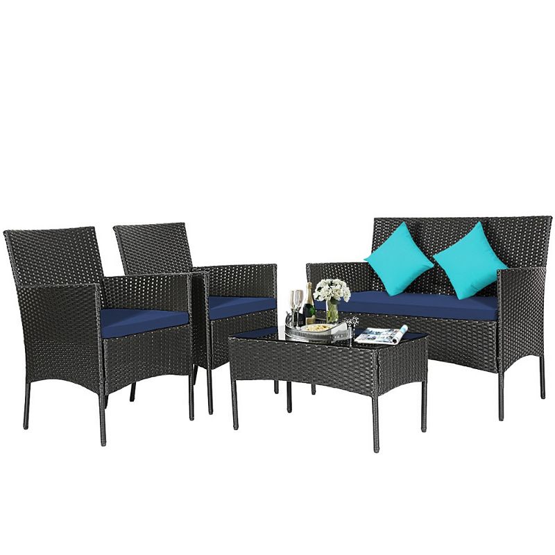 4 Pieces Patio Rattan Cushioned Sofa Furniture Set with Tempered Glass Coffee Table