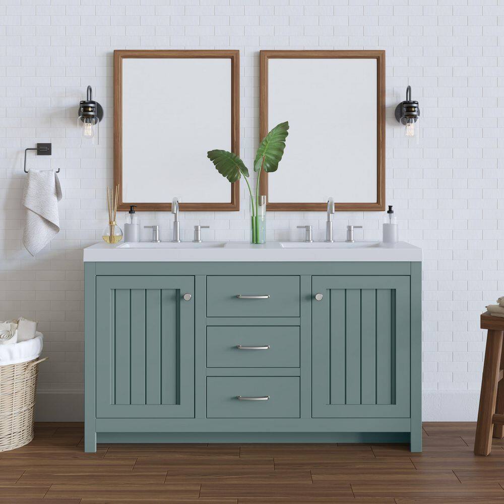 Home Decorators Collection Glint 60.5 in. W x 18.75 in. D Bath Vanity in Sage with White Cultured Marble Top in White with 2 Integrated Sinks B60X20096