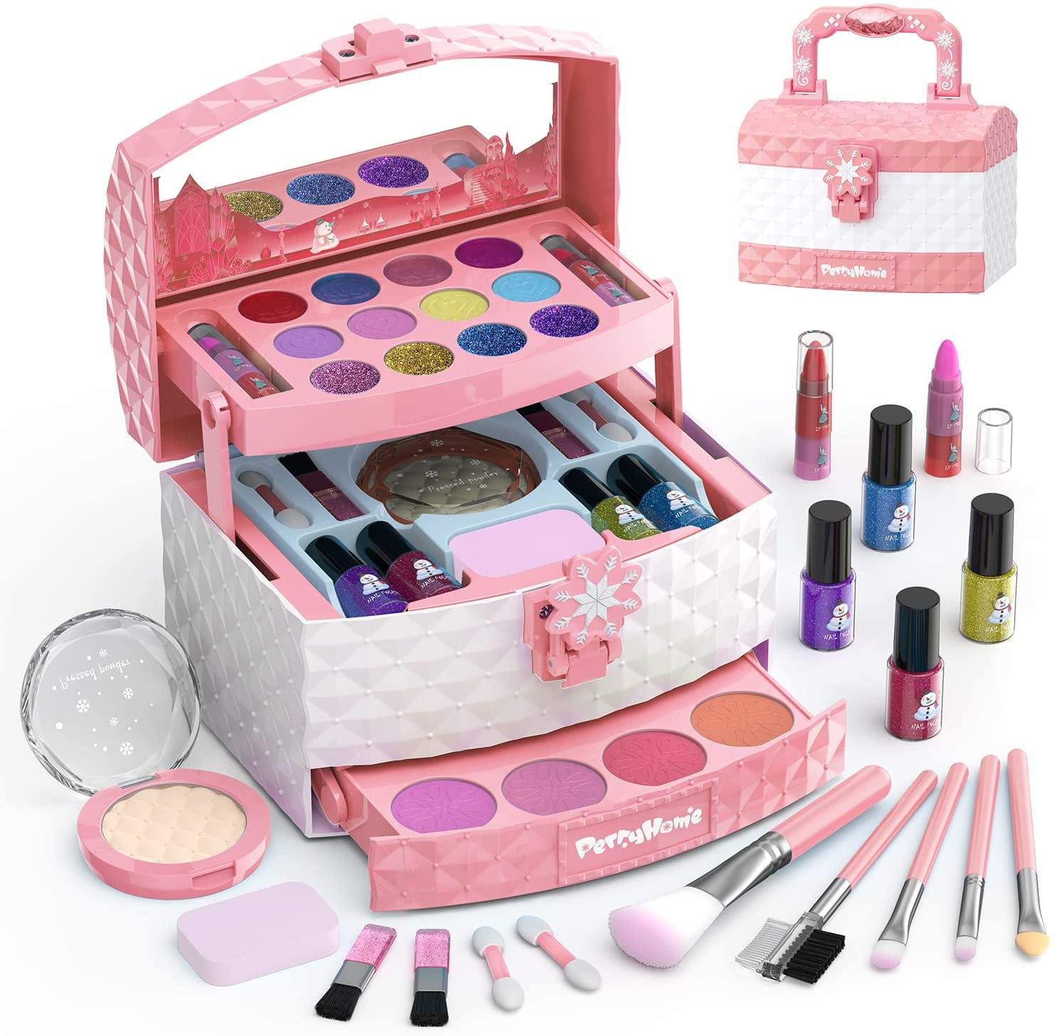 WATTNE Kids Makeup Kit for Girls 35 Pcs Washable Real Cosmetic， Safe and Non-Toxic Little Girl Makeup Set， Frozen Makeup Set for 3-12 Year Old Kids Toddler Girl Toys Christmas and Birthday Gift (Pink)