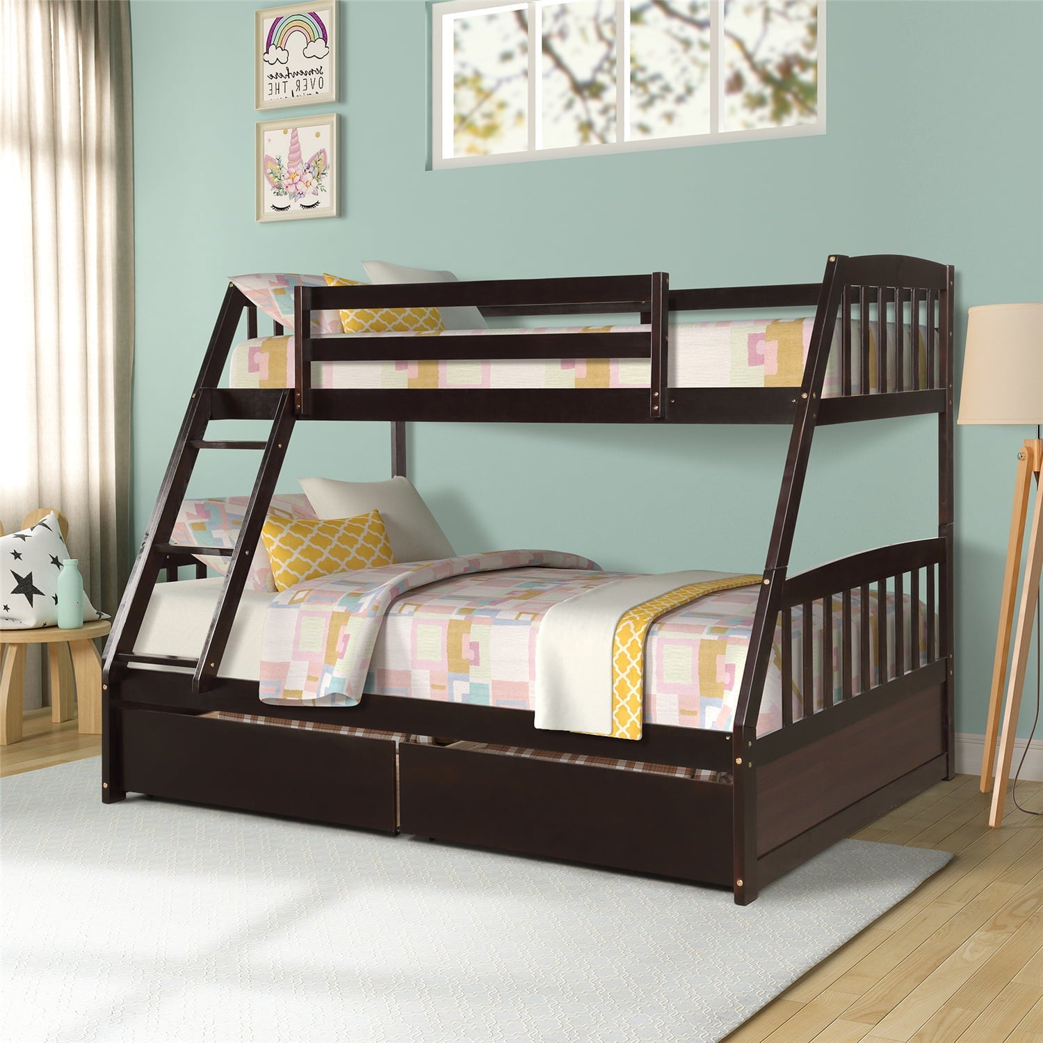 Twin Over Full Bunk Bed with Two Storage Drawers, Pine Wood Bed Frame and Ladder with Guard Rails for Toddlers, Kids, Teens, Boys and Girls, Brown