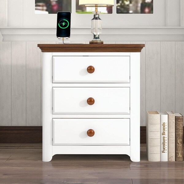 Nightstand with USB Charging Ports and Three Drawers - - 36934055