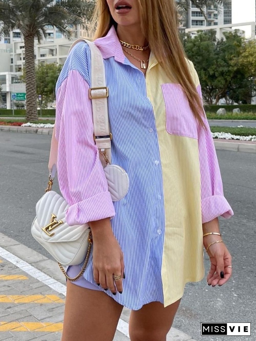 Colorful Pinstripe Splice Baggy Long Sleeve Blouse