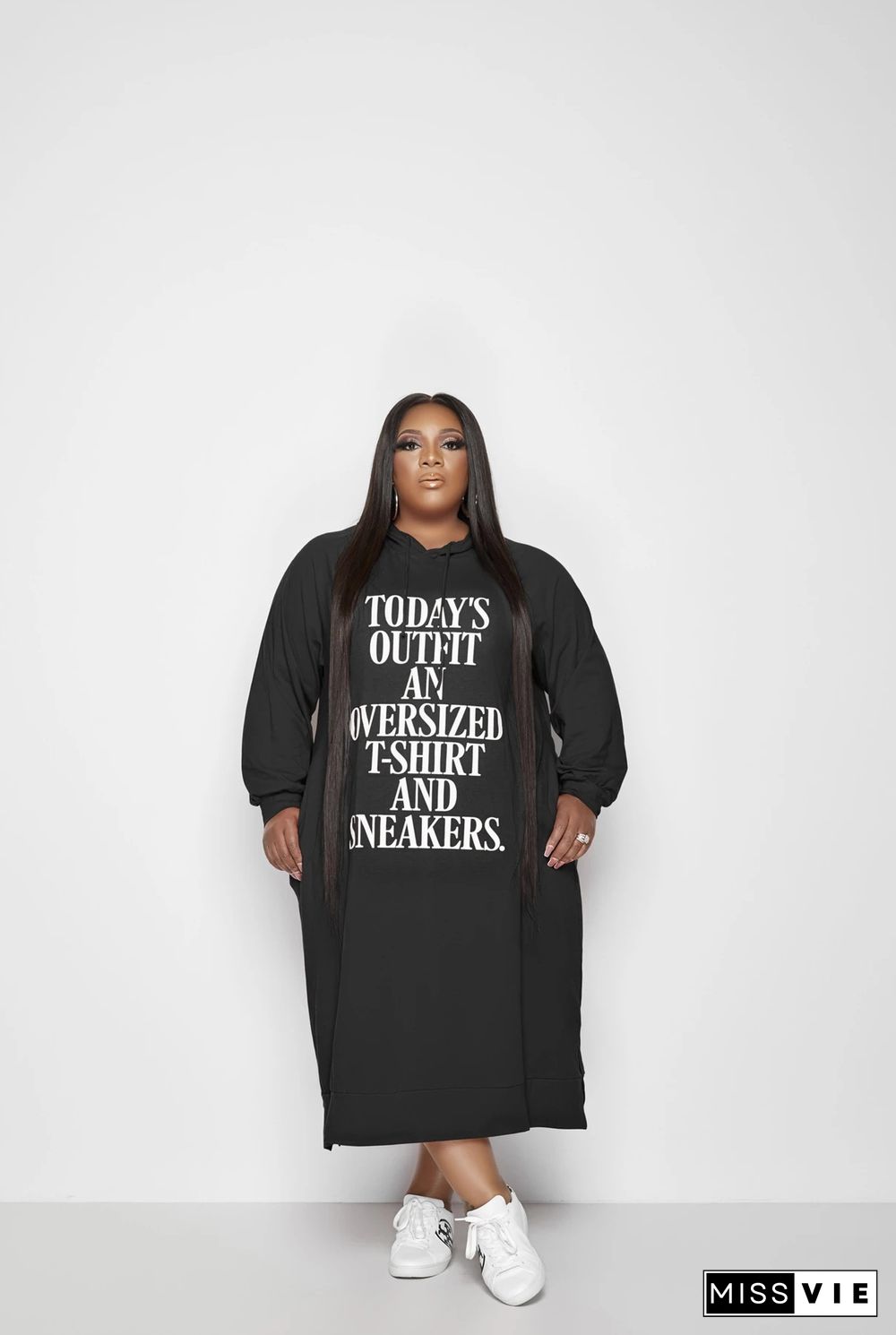 Letter Print Long Sleeve Hooded Loose Plus Size Dress