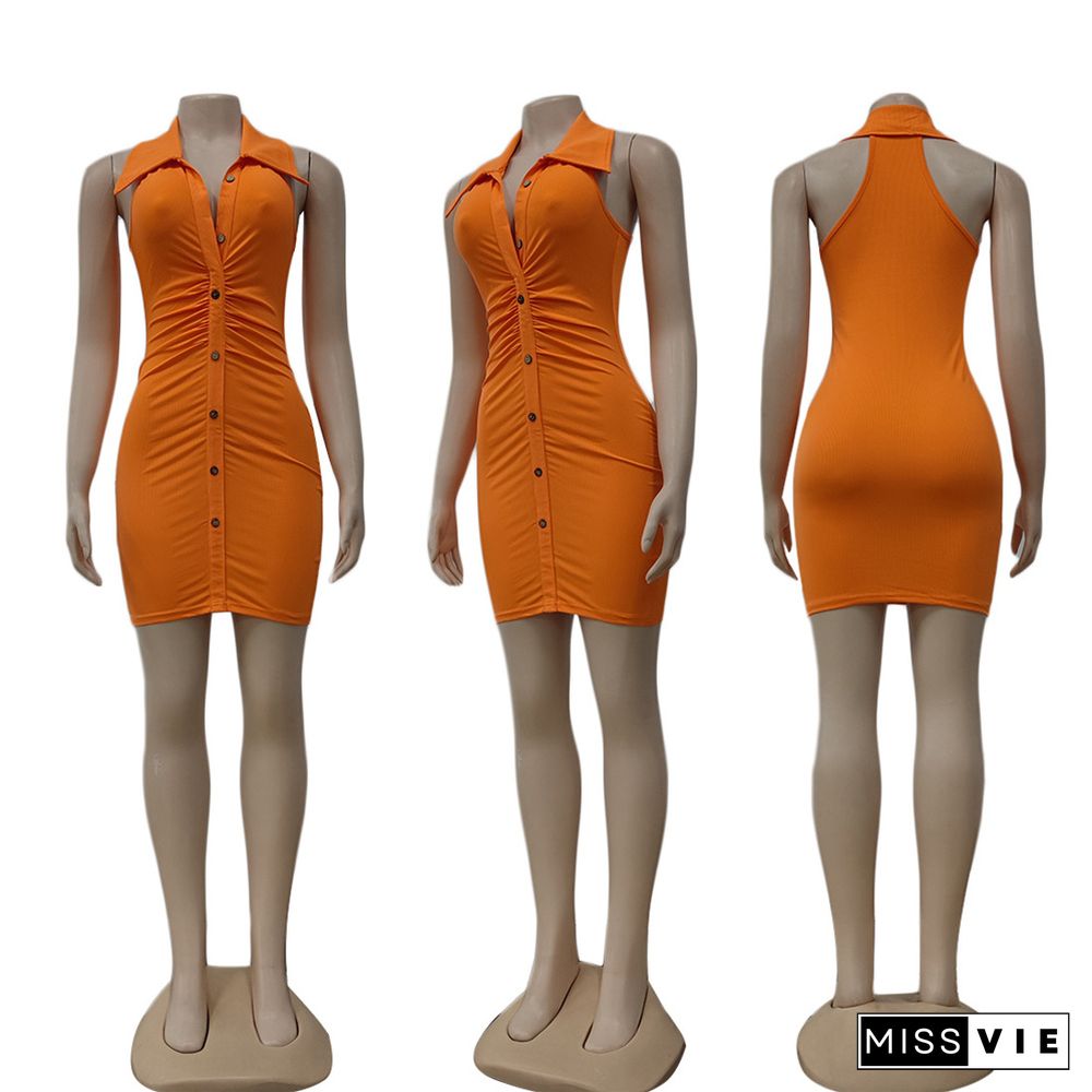 Sleeveless Turn-down Collar Buttons Bodycon Dresses