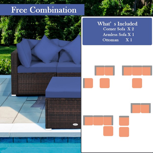 Costway 4pcs Patio Rattan Furniture Set Sofa Ottoman Cushion Garden Deck Navy