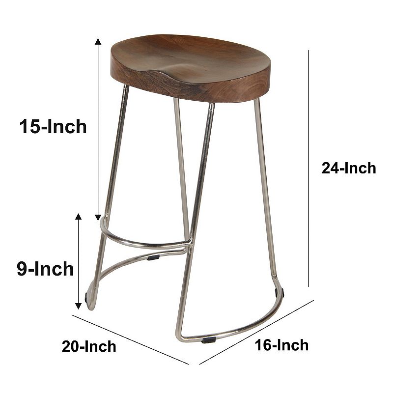 Ela 24 Inch Counter Height Stool with Mango Wood Saddle Seat， Iron Frame， Brown and Silver