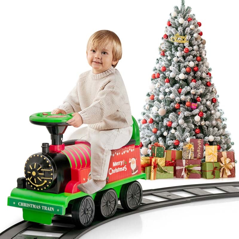 6V Kids Ride on Train with Tracks & 6 Wheels, Battery Powered Electric Ride On Toy with Lights & Music