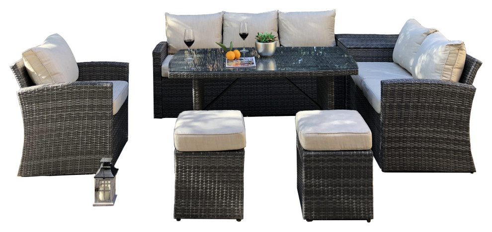 Cushioned 7 Piece Wicker Patio Sectional Sofa Dining Set with Storage Box   Tropical   Outdoor Dining Sets   by Abrihome  Houzz