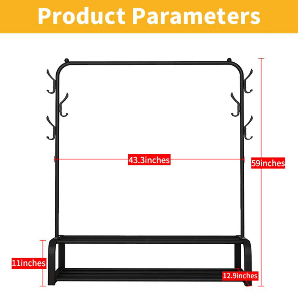 Clothes Rack,Clothing Rack for Hanging Clothes, Garment Rack with Two Lower Storage and 6 Hooks, Black