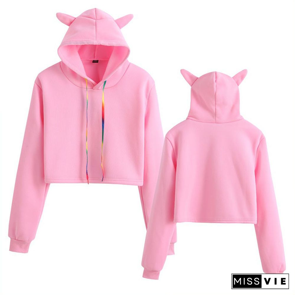 Pure Color Cat Ears Short Hoodie