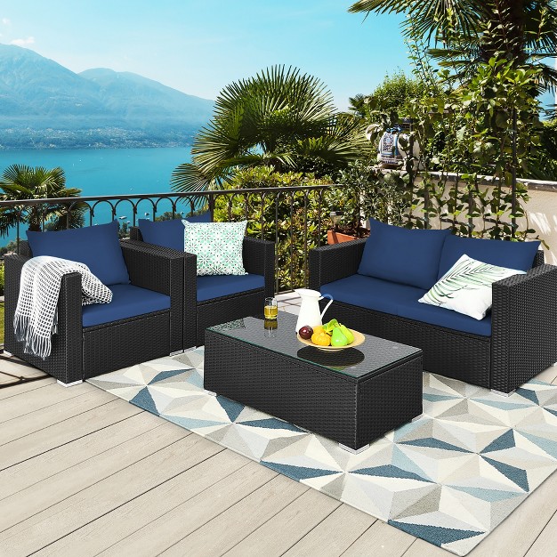 Costway 4pcs Patio Rattan Furniture Set Cushioned Sofa Loveseat With Navy amp Turquoise Cover