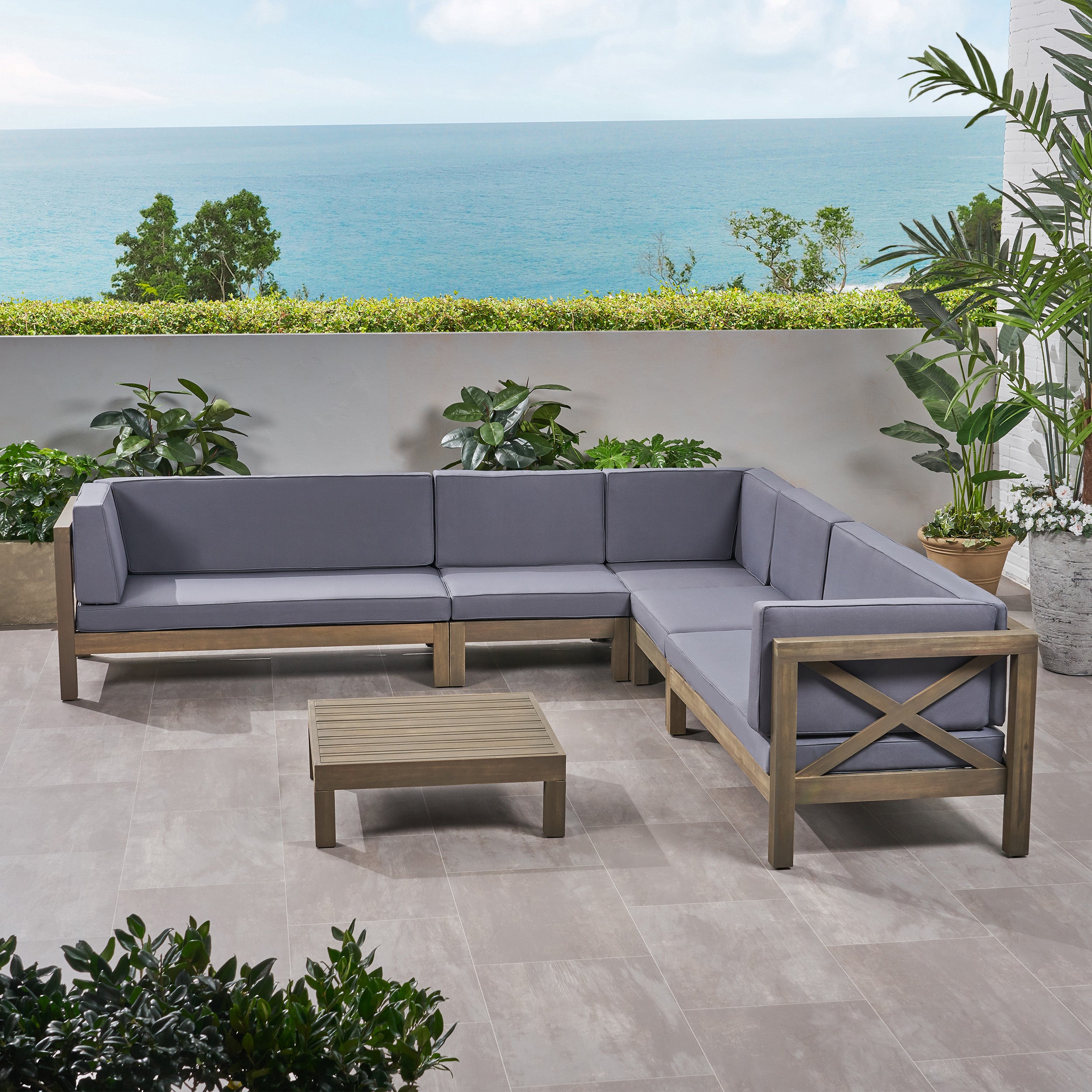 Cynthia Outdoor 7 Seater Acacia Wood Sectional Sofa Set