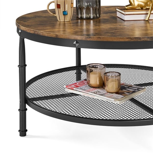 Round Metal Coffee Table with Storage Shelf， Rustic Brown