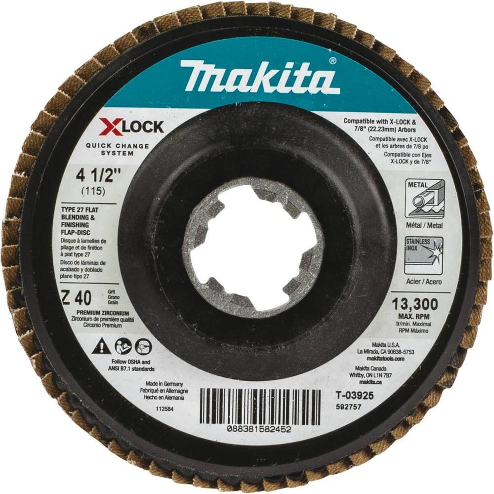 Makita X-LOCK 4‑12 in. 40-Grit Type 27 Flat Blending and Finishing Flap Disc for X-LOCK and All 78 in. Arbor Grinders T-03925