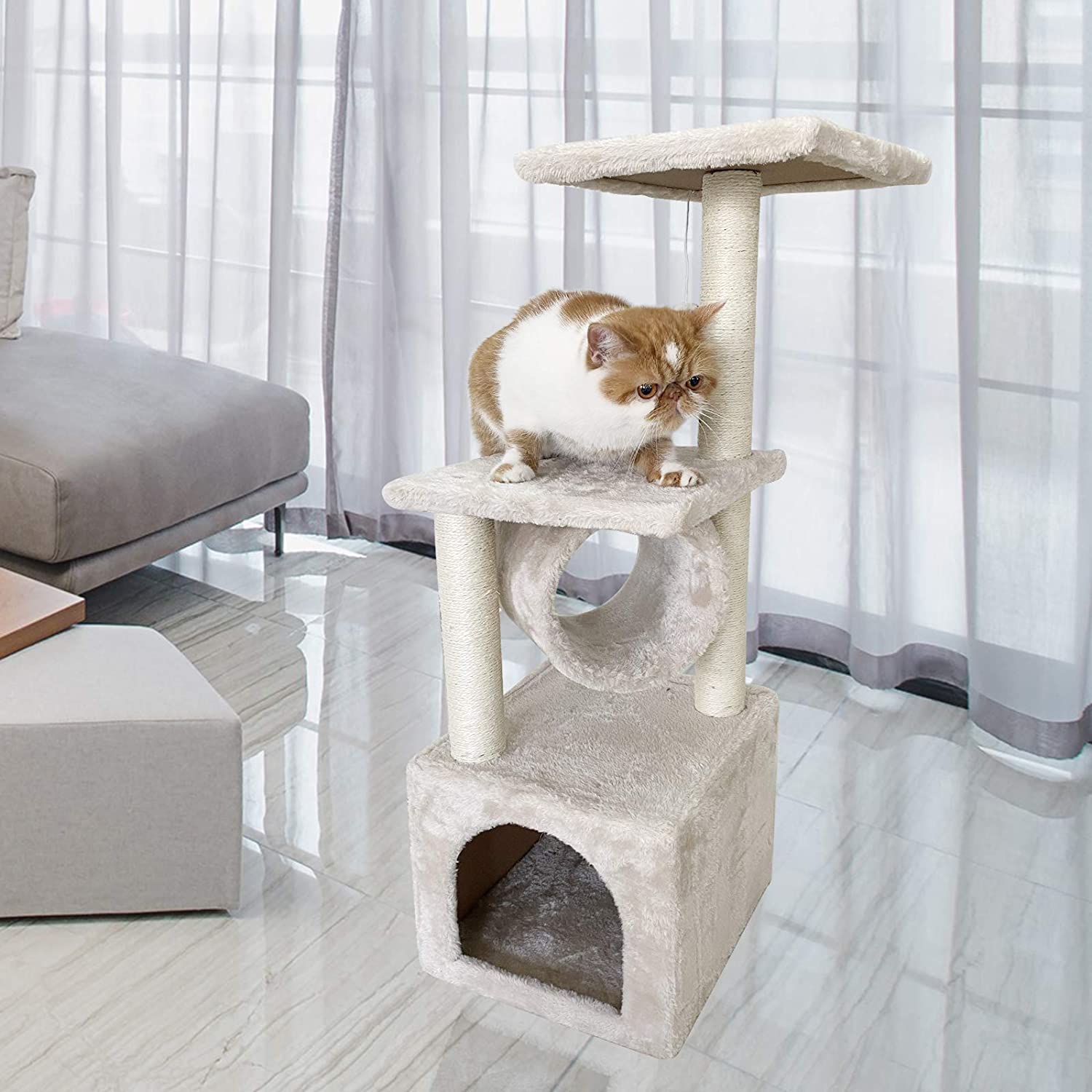 Confote 35.4-in Cat Activity Tree Climb Tower Play House Condo Furniture for Small and Medium Cat, Beige White