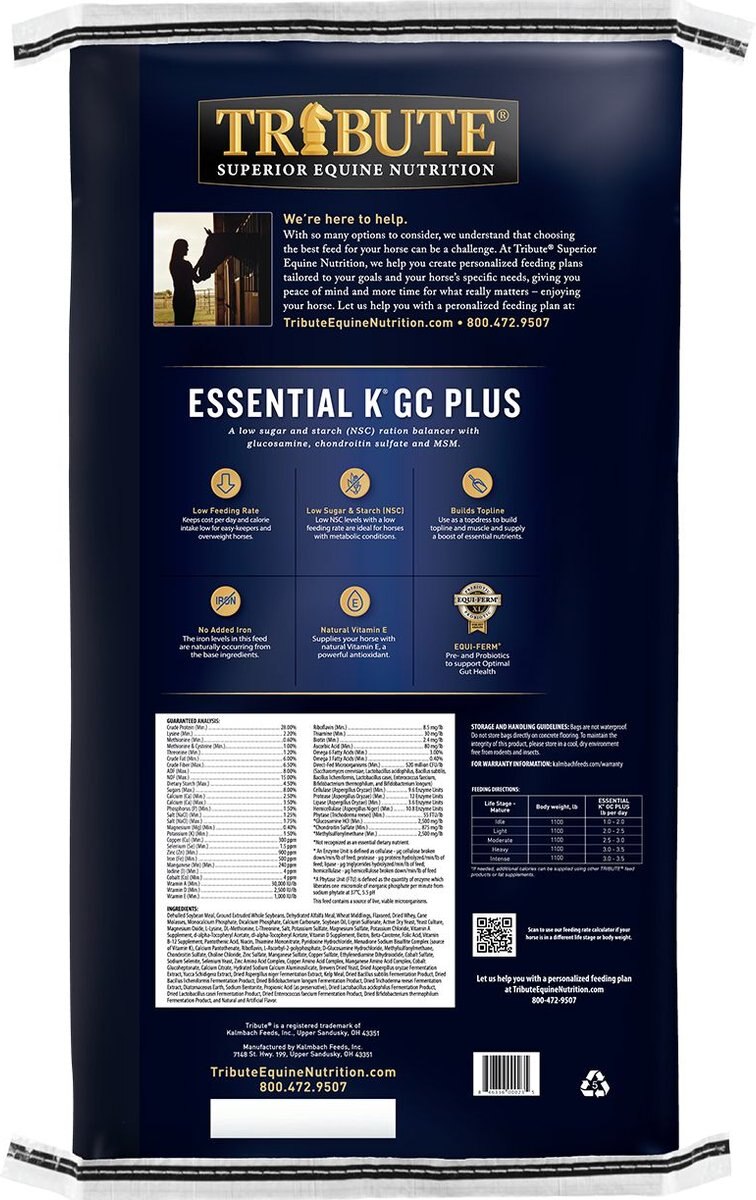 Tribute Equine Nutrition Essential K GC Plus Low-NSC， Joint Support Horse Feed