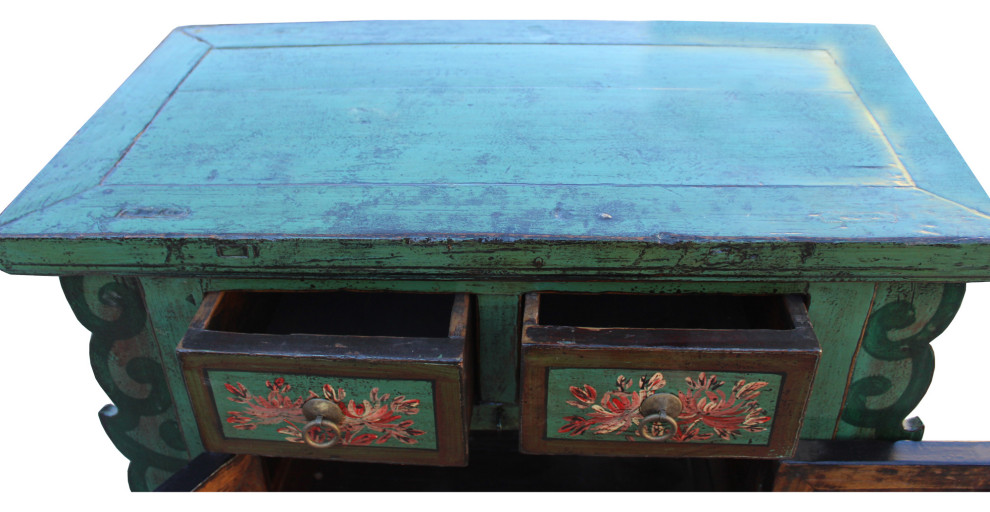 Chinese Distressed Green  ampBrown Flower Graphic Table Cabinet Hcs5948   Asian   Accent Chests And Cabinets   by Golden Lotus Antiques  Houzz