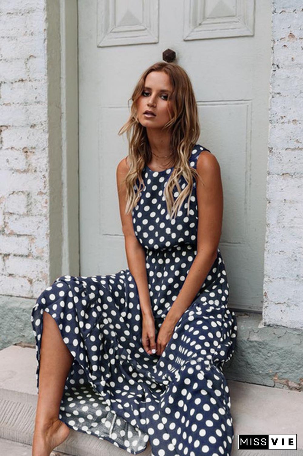 Summer Women New Fashion Sleeveless Polka Dot Maxi Dresses High Waist Casual Beach Long Dress