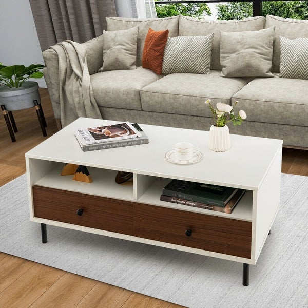 2 Tier 40 Inch Length Modern Rectangle Coffee Table with Storage Shelf and Drawers-White - 40