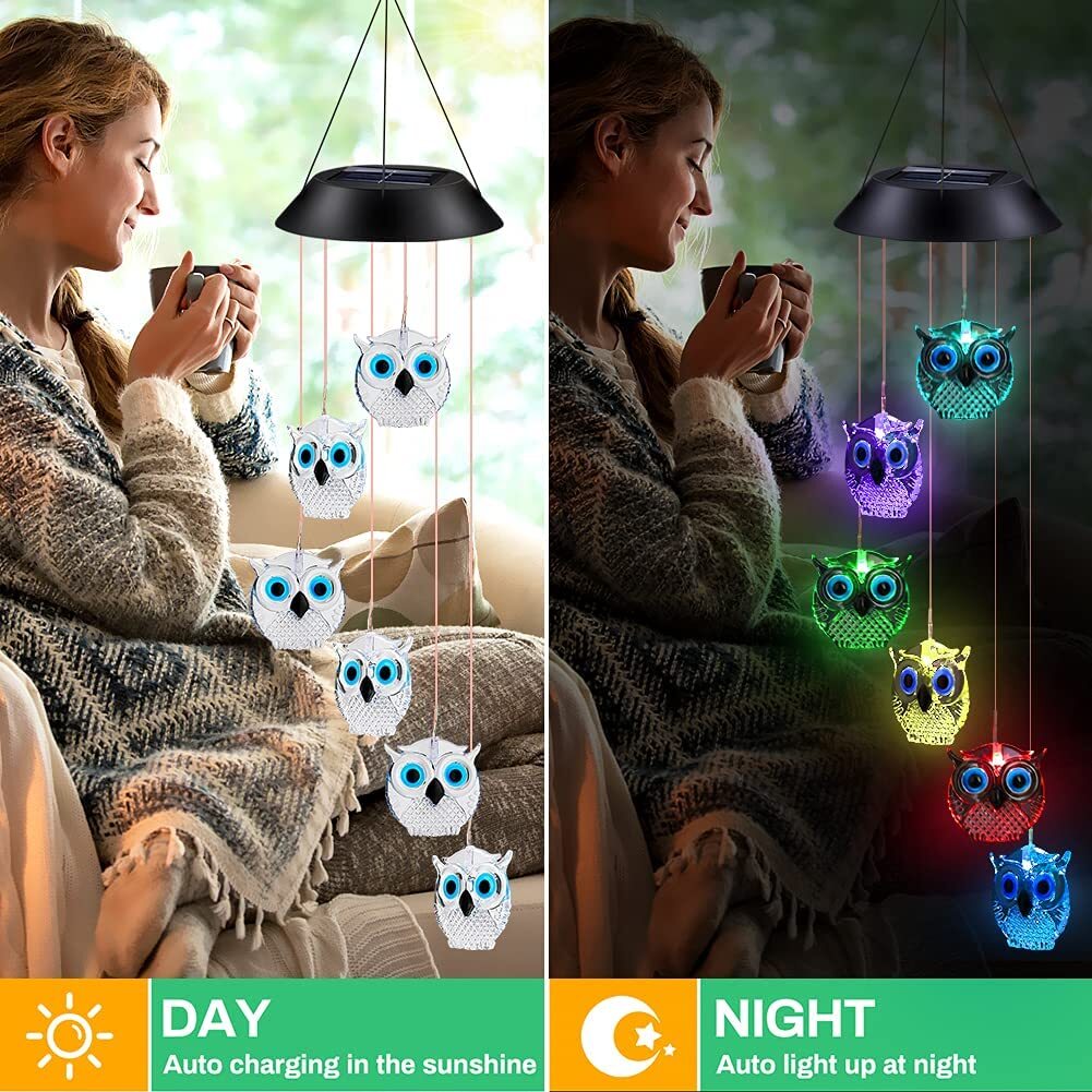 Welltop Solar Wind Chimes， Owl LED Solar Powered Wind Chimes Lamp Color Changing Waterproof Garden Chimes with Hook for Outdoor Indoor Patio Yard