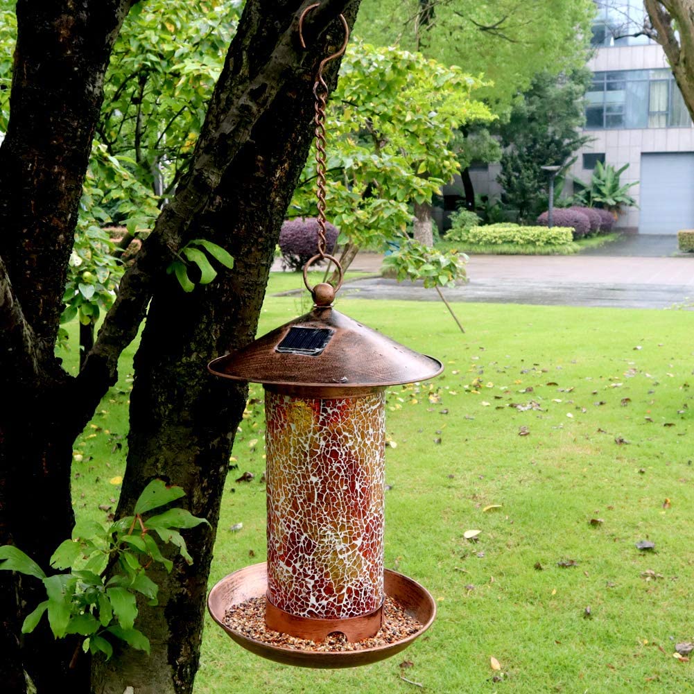 Solar Bird Feeders for Outdoor Hanging， Premium Metal Hummingbird feeders， Waterproof Wild Bird Feeder with Light for Feeding， Unique Retro Bird Feeders for Bird Lovers (Mosaic Copper)