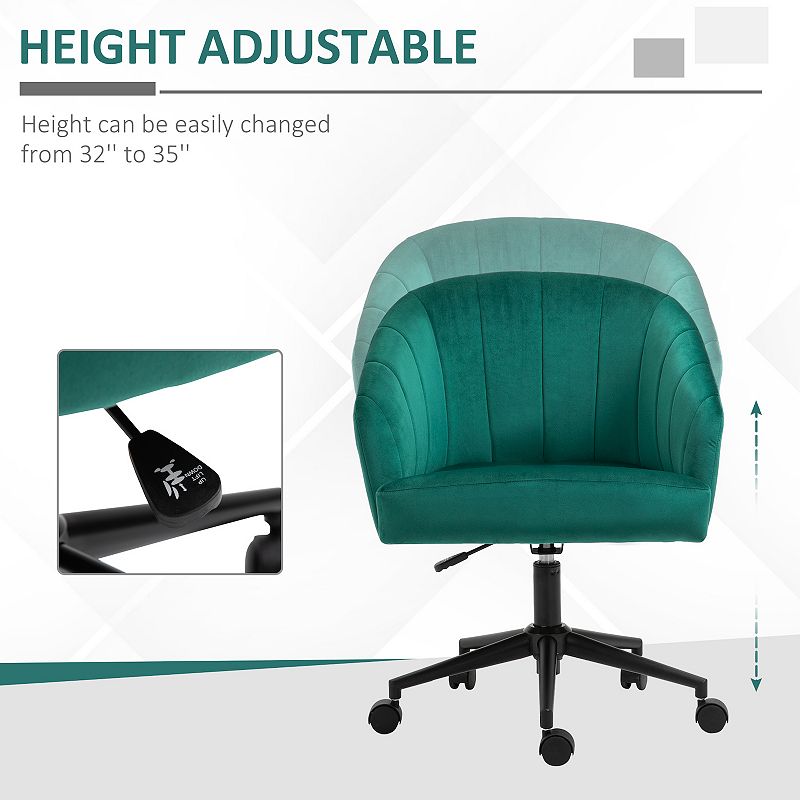 HOMCOM Retro Mid Back Swivel Fabric Computer Desk Chair Height Adjustable with Metal Base Leisure Task Chair on Rolling Wheels for Home Office Green