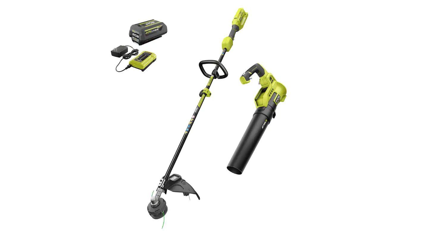 RYOBI RY40940VNM 40V Cordless Battery Attachment Capable String Trimmer and Leaf Blower Combo Kit (2-Tools) w/ 4.0 Ah Battery and Charger