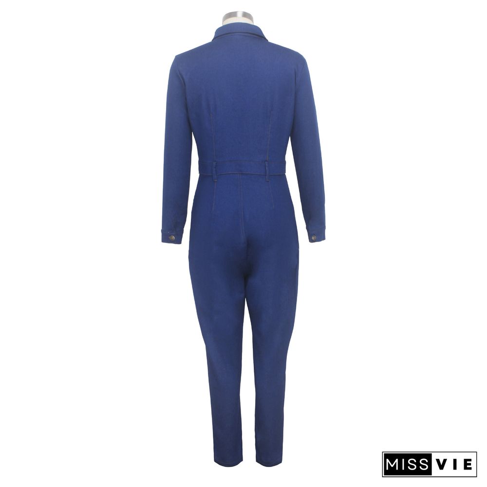 Fashion Denim Buttons Long Sleeves Lapel Tight Jumpsuit