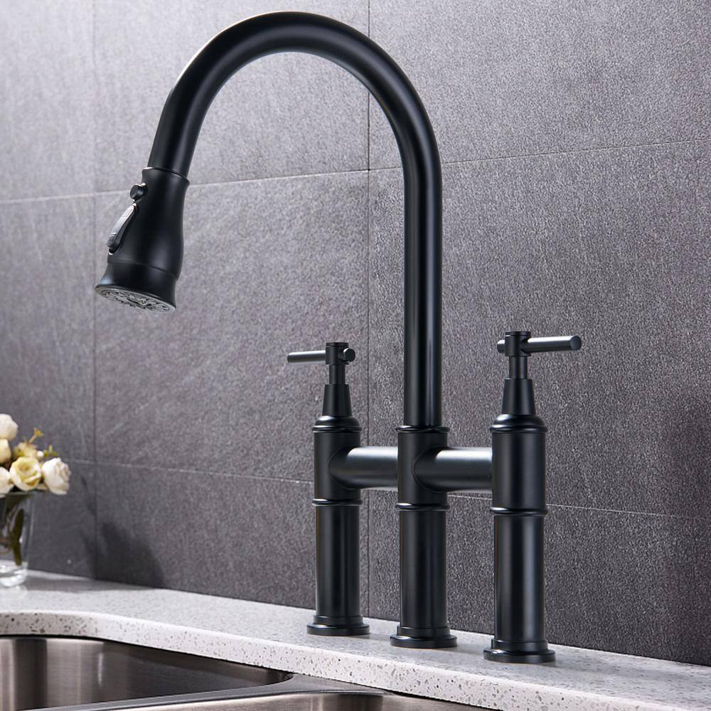 FLG Double Handle Bridge Kitchen Faucet with Pull Down Sprayer 3 Hole 304 Stainless Steel Kitchen Sink Faucet in Matte Black KK-0062-MB