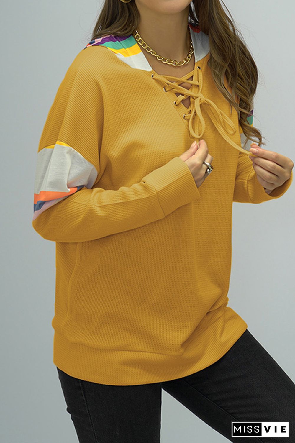 Colorful Hooded Patchwork Crisscros Strap Sweatshirt