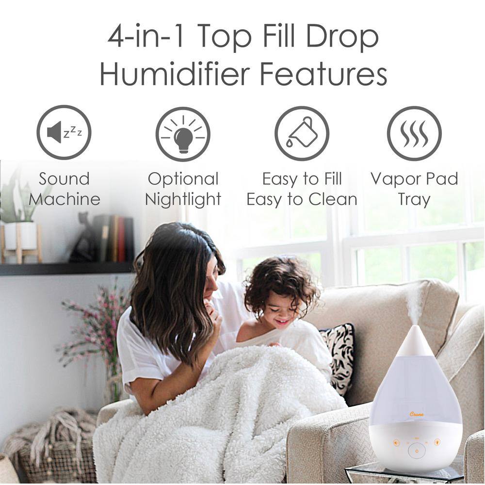 Crane 1 Gal. Top Fill Drop Cool Mist Humidifier with Sound Machine for Medium to Large Rooms up to 500 sq. ft. - White EE-5306W