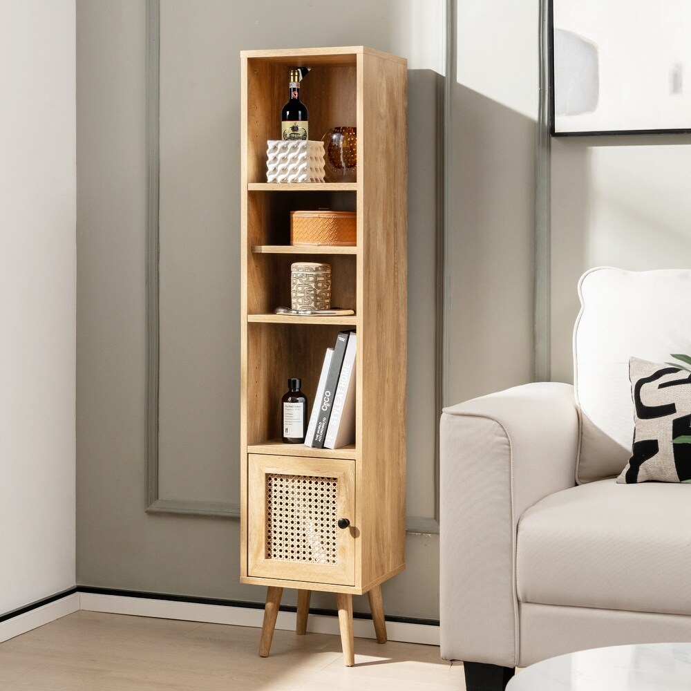 Rattan Storage Cabinet Freestanding Slim Organizer Wood Display Rack