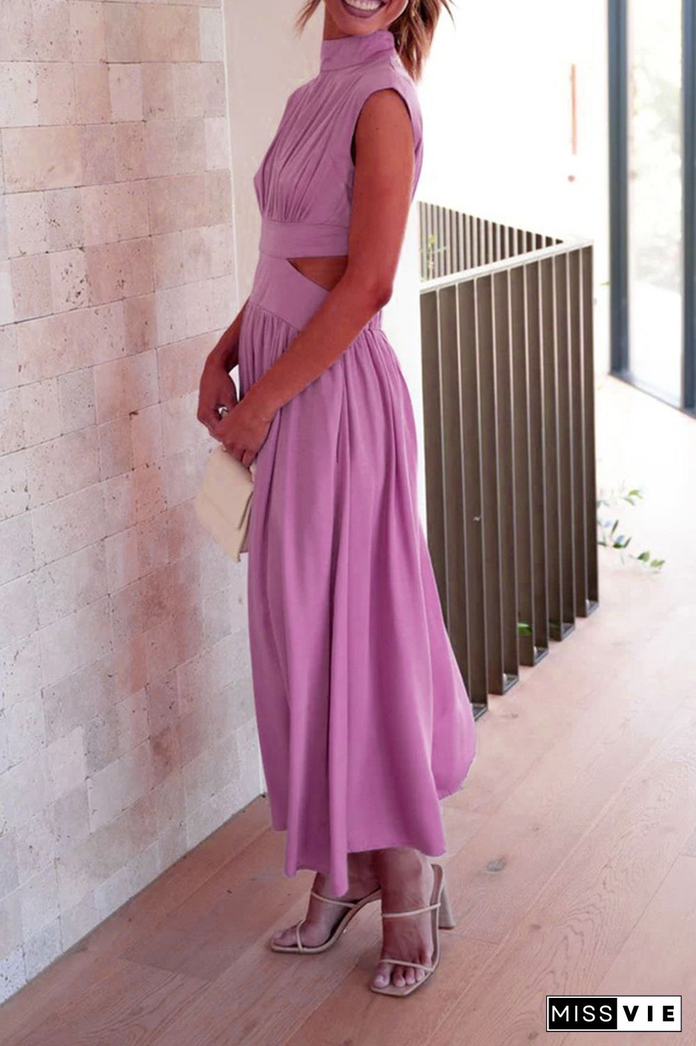 Plain Frilled High Collar Cut Out Waist Maxi Dress