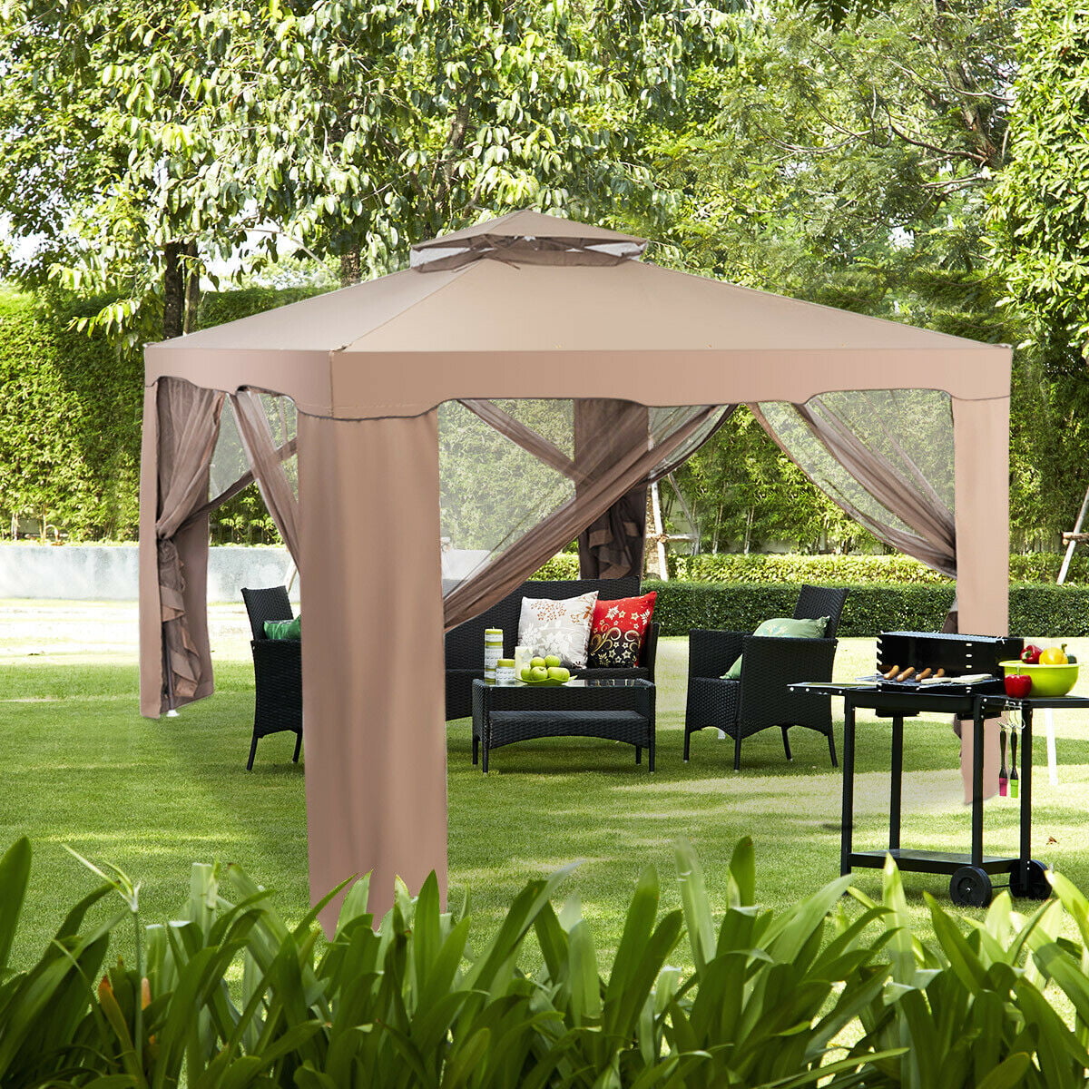 Gymax 10'x 10' Canopy Gazebo Tent Shelter W/Mosquito Netting Outdoor Patio Coffee