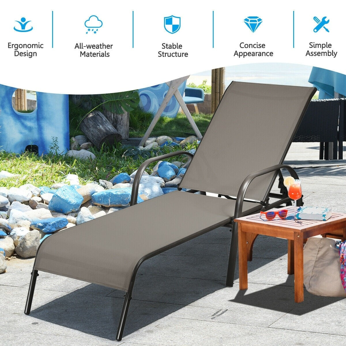 5-Position Fabric Folding Outdoor Chaise Lounge Chair, Lightweight Pool Chair Patio Lawn Recliner Sun Lounger