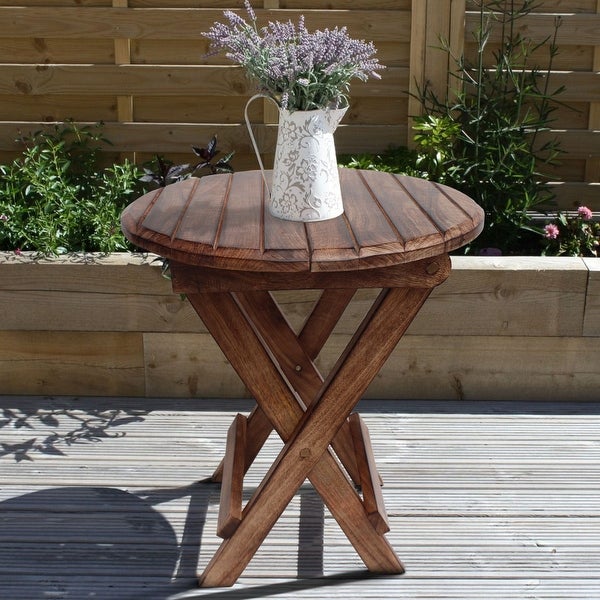 Wooden Round Folding Chair Side End Table with Planked to p， Rustic Brown