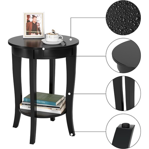 End Table Living Room Small Side Table with 2-Tier Storage Shelves，Round Bedside Tables