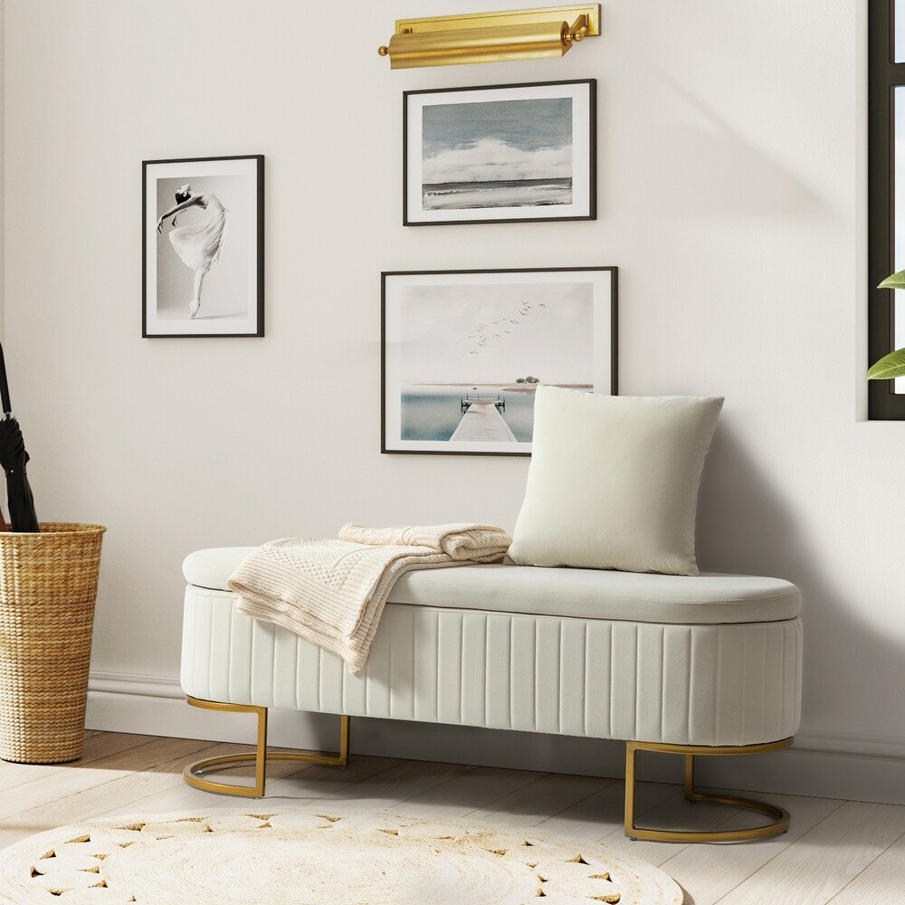 David Modern Upholstered Flip Top Storage Bench with Golden C shaped Sled Legs By HULALA HOME