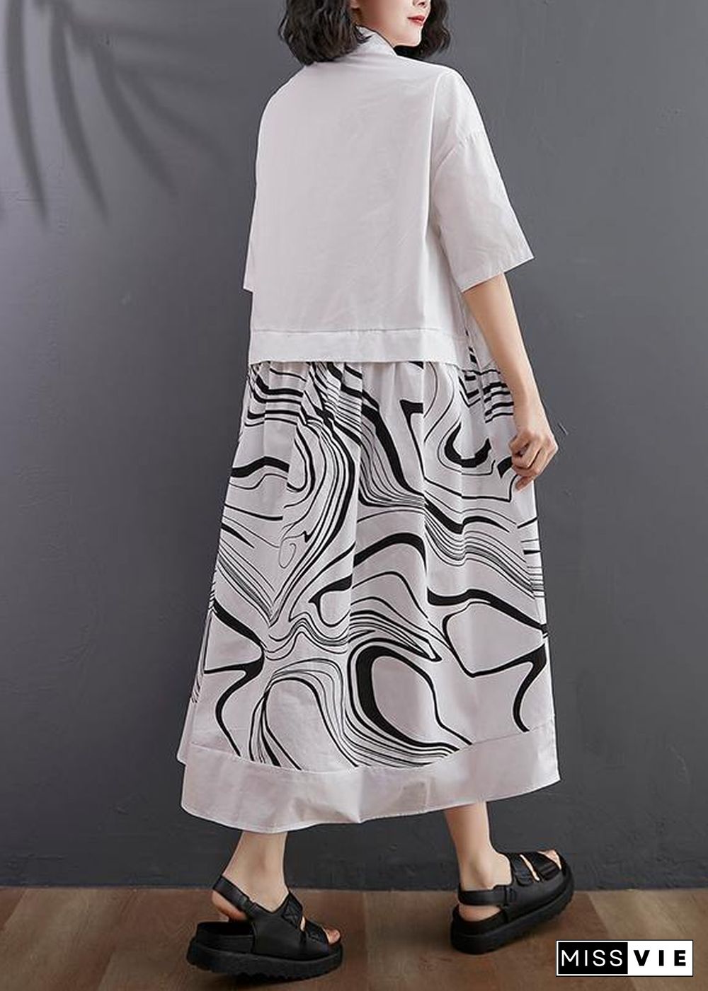 Natural White Print Patchwork Button Mid Dress Summer