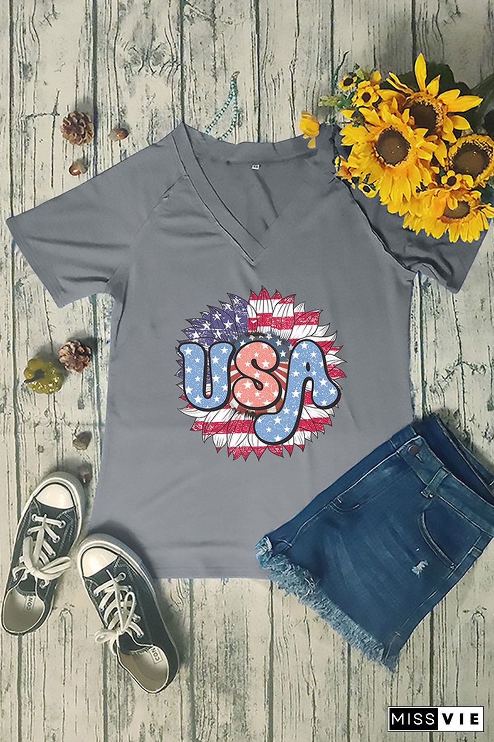 Independence Day US Flag Print V Neck Graphic Tee