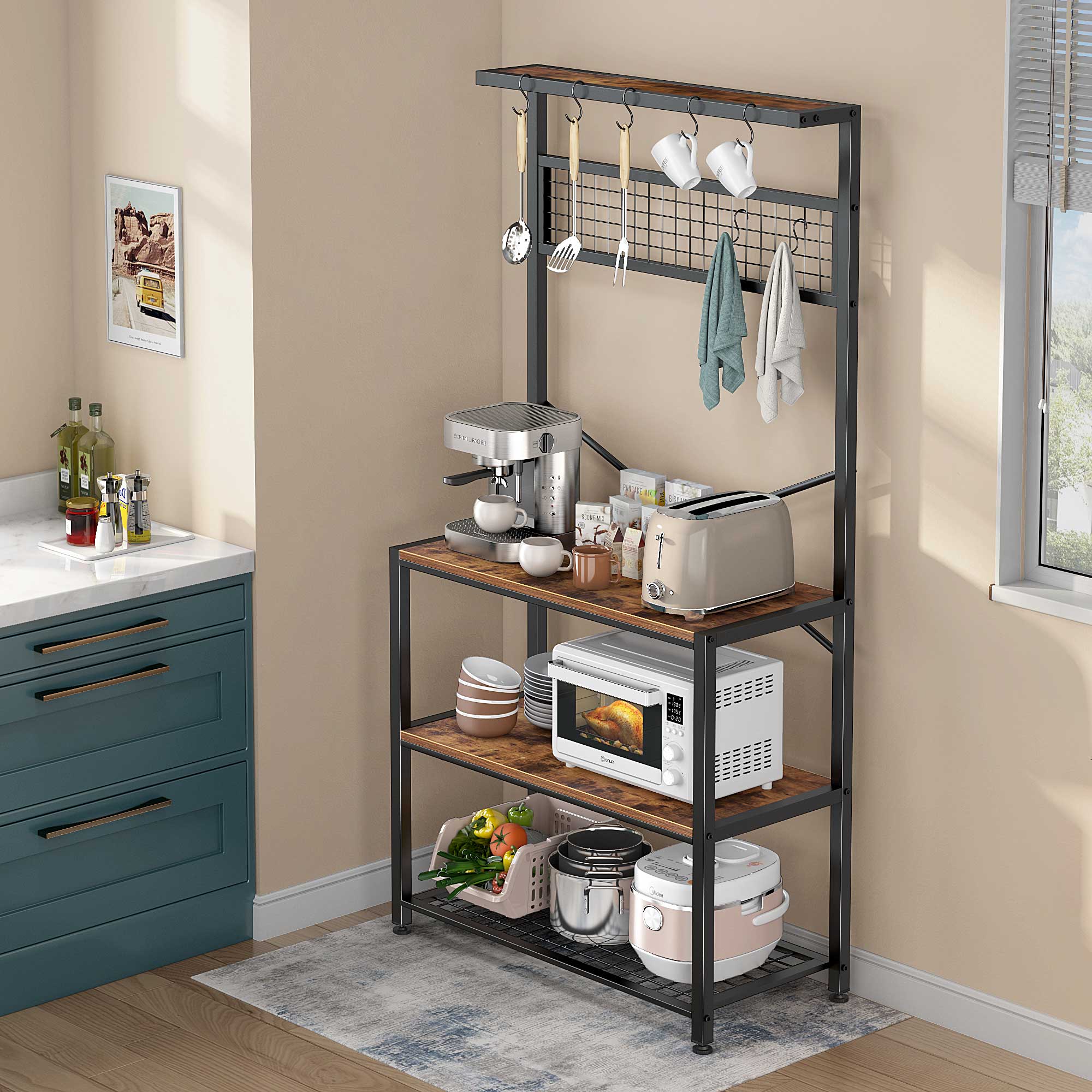 Wellynap 4-Tier Kitchen Baker's Rack， Tall Kitchen Rack with Hooks and Oven Placement， Ultimate Tall Rack Stand for Your Microwave and Coffee Hutch， Free Standing Kitchen Shelf， Vintage Brown