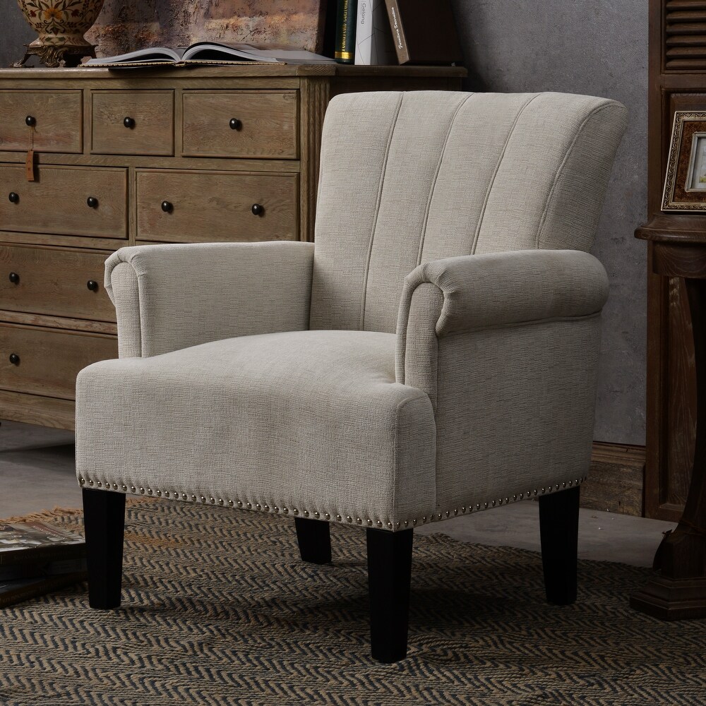 Polyester Accent Chair High Back Casual Sofa with Nailheads Modern Arm Chair Club Chairs with Rubber Wood Legs for Livingroom