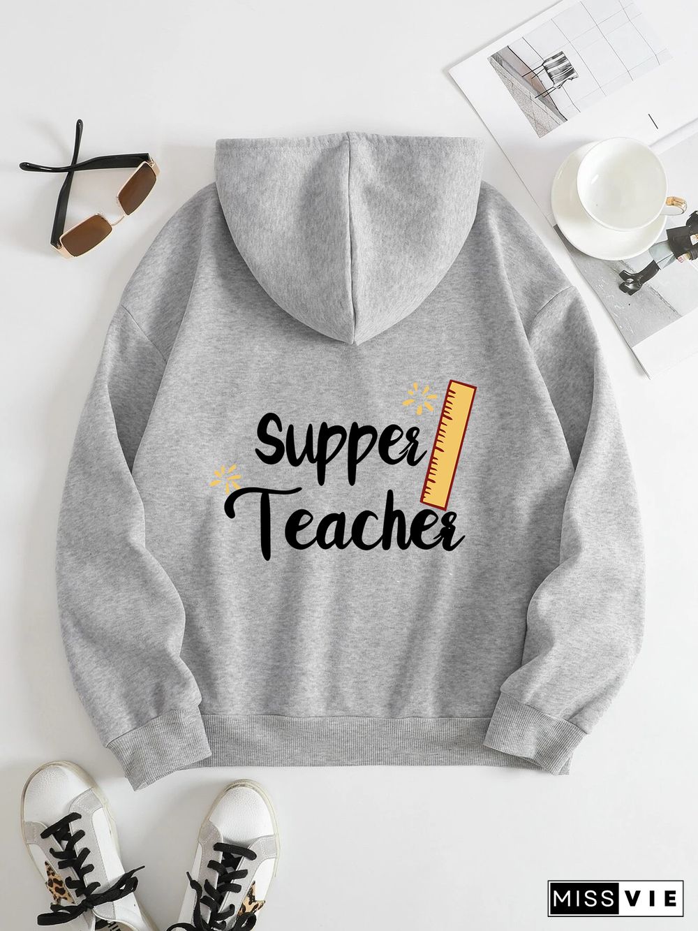 Printed on the Back Kangaroo Pocket Hoodie Long Sleeve for Women Pattern Super teacher