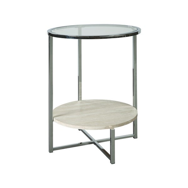 48 Inches Round Glass Top End Table with Stone Shelf， Clear and Chrome