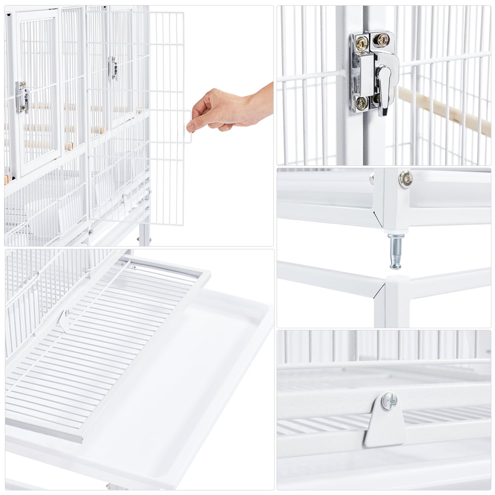 SMILE MART Stackable Wide Bird Breeder Cage with Rolling Stand， White， Metal， Divided