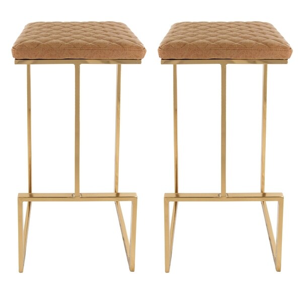 LeisureMod Quincy Modern tufted Leather Barstool Gold Metal Frame Set of 2 - 29