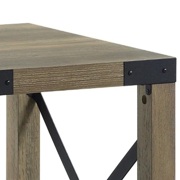 Eli 22 Inch Wood End Table， Metal Brackets， Cross Bars， Rustic Oak Brown