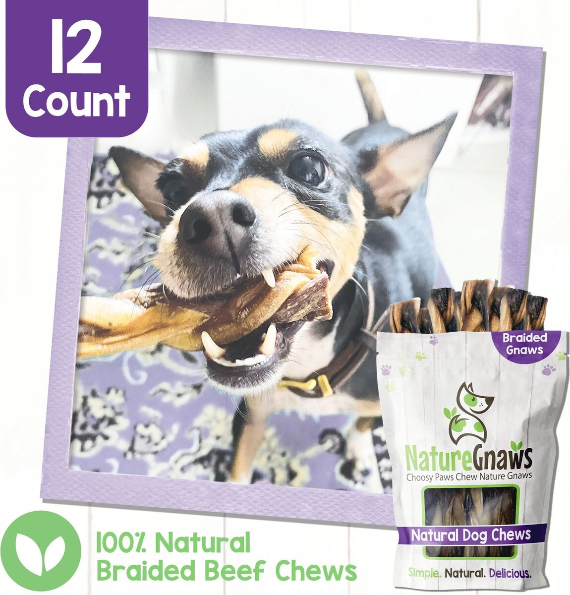 Nature Gnaws 5-6-inch Braided Gnaws Beef Flavor Dog Treats， 12 count